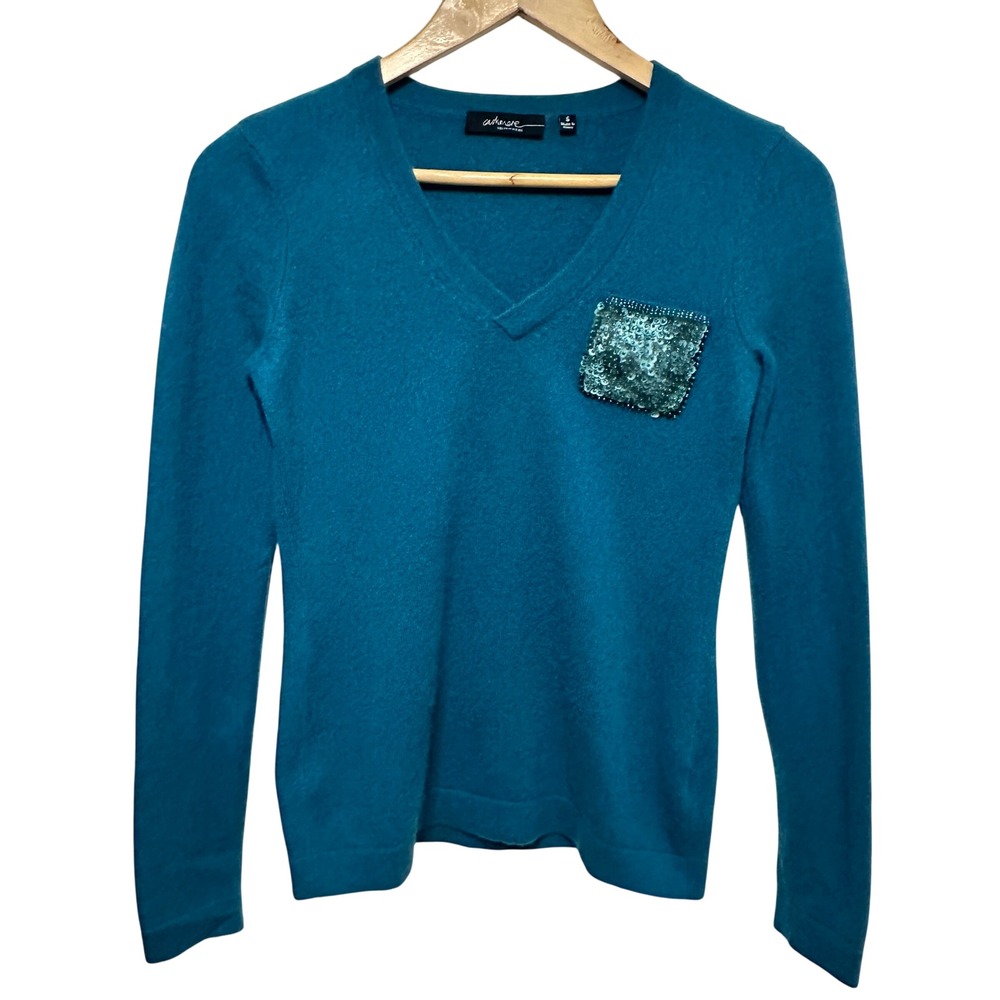 Saks Fifth Avenue Cashmere Sweater Women Small Teal Sequin Pocket V-Neck Sweater